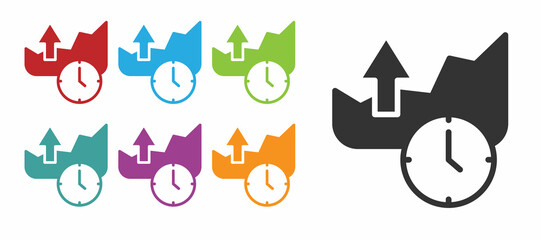 Black Stocks market growth graphs and money icon isolated on white background. Monitor with stock charts arrow on screen. Set icons colorful. Vector