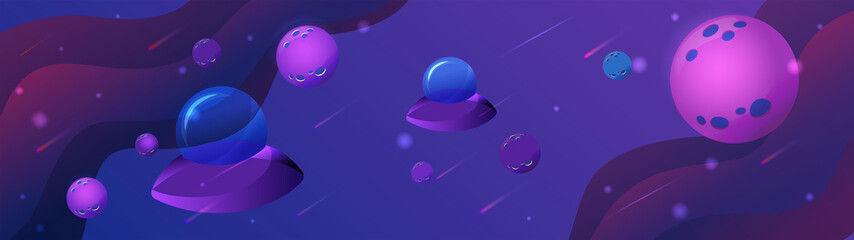 A group of flying saucers in open and mysterious space. Horizontal banner for the World Day of UFO. The mood of mysticism and the unknown in purple and blue colors.