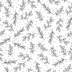 Spring herbs and flowers. Black and white pattern. Vector doodle illustration.