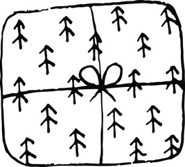 A holiday gift. Black and white doodle illustration. Vector illustration.