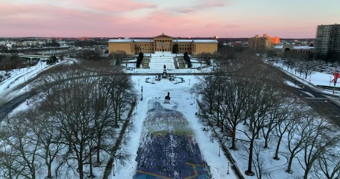 Museum Of Art In Philadelphia USA. Winter Snow Establishing Aerial Shot. Colorful Sky In Winter Snow.