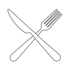 Crossed fork and knife, symbol for menu or restaurant, black outline icon isolated on white background