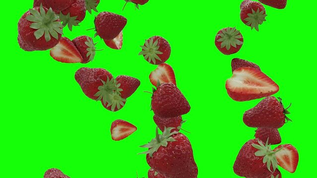 Strawberries Falling On Green Screen With Alpha Matte