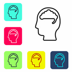 Black line Human brain icon isolated on white background. Set icons in color square buttons. Vector