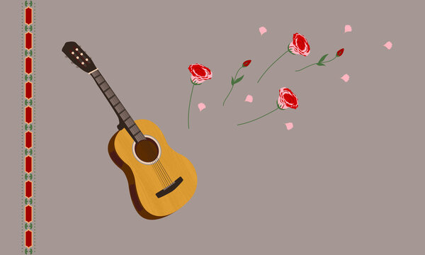Guitar and flowers background with copy space