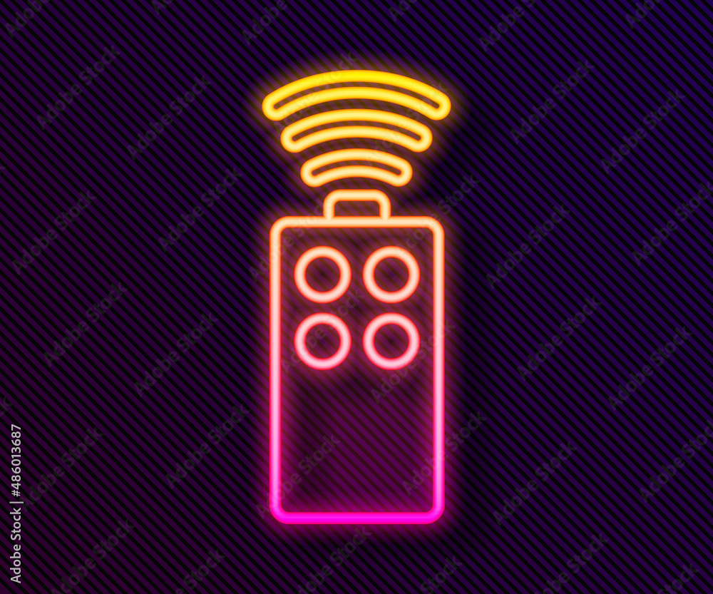 Poster glowing neon line remote control for the camera icon isolated on black background. an auxiliary devi