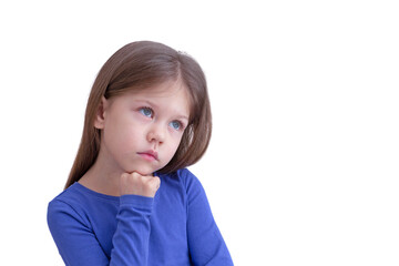Thinking boring dreaming little girl holding hand on chin