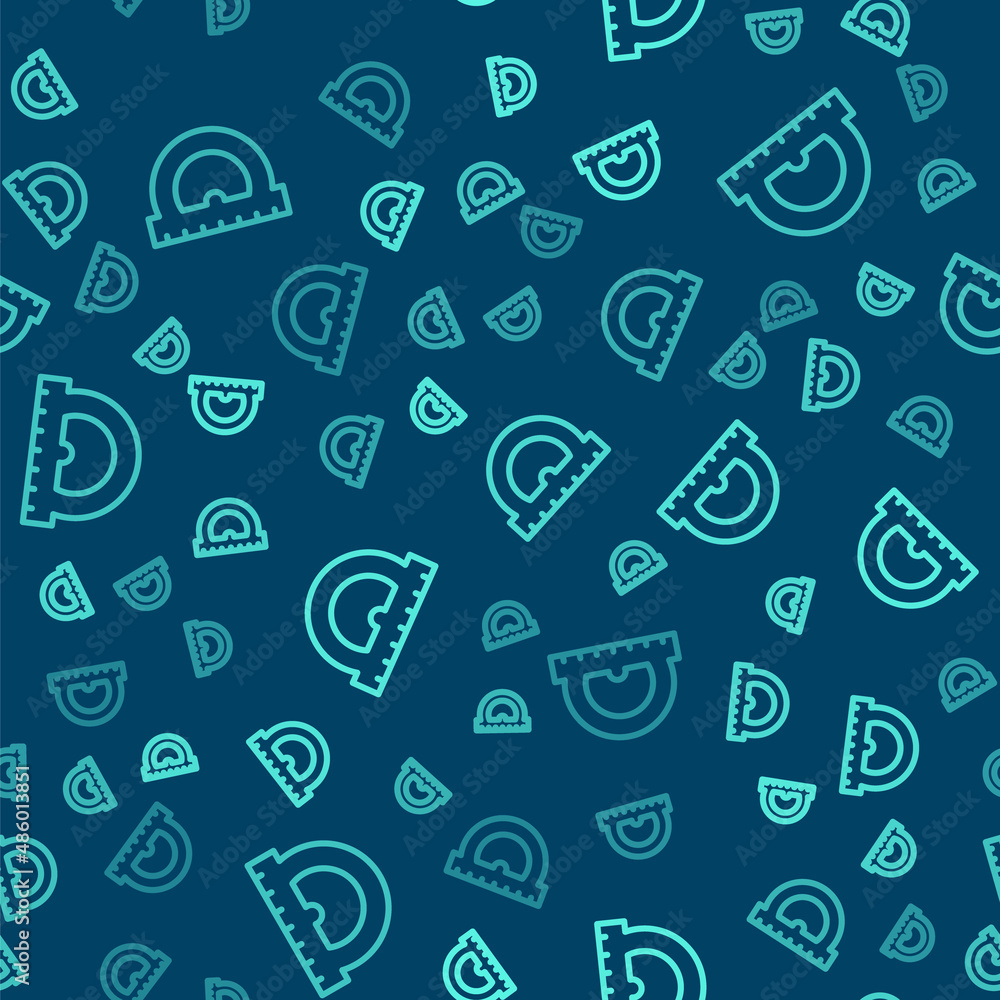 Poster green line protractor grid for measuring degrees icon isolated seamless pattern on blue background. 