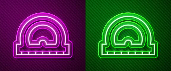 Naklejka premium Glowing neon line Protractor grid for measuring degrees icon isolated on purple and green background. Tilt angle meter. Measuring tool. Geometric symbol. Vector
