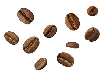 Many roasted coffee beans flying on white background