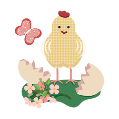 Isolated spring  vector illustration.Chicken, egg, butterflys, cherry blossom. Decorating spring elements for Easter and spring greeting cards.
