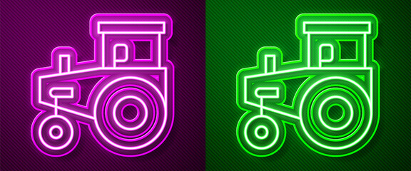 Glowing neon line Tractor icon isolated on purple and green background. Vector