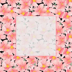 cherry blossom watercolor seamless pattern on black background with template for text