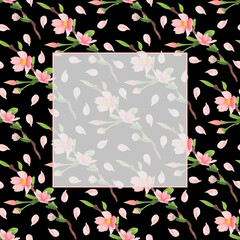 cherry blossom watercolor seamless pattern on black background with template for text