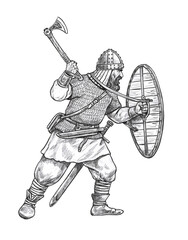 Viking with ax. Norman warrior in battle. Medieval knight illustration.	
