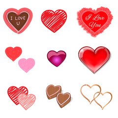 Hearts in different style isolated on white background. Vector Illustration