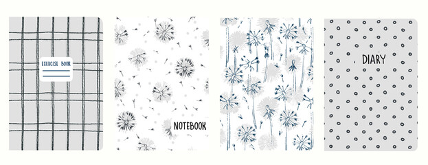 Set of cover page templates with dandelions and and hand drawn grid patterns. Based on seamless patterns. Headers isolated and replaceable. Perfect for school notebooks, notepads, diaries, etc