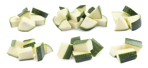 Set with pieces of fresh ripe zucchini on white background. Banner design