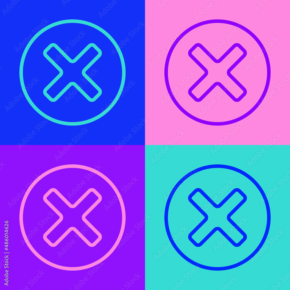 Poster pop art line x mark, cross in circle icon isolated on color background. check cross mark icon. vecto