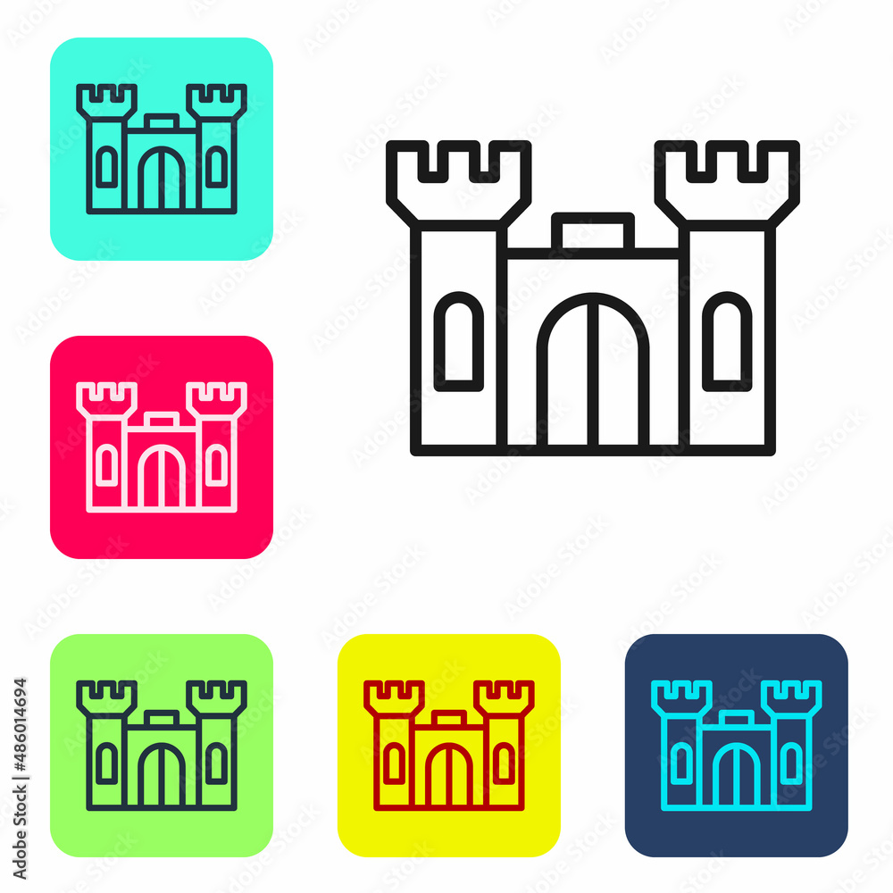 Poster black line castle icon isolated on white background. set icons in color square buttons. vector