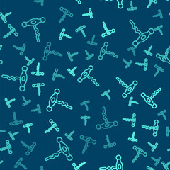 Green line Wine corkscrew icon isolated seamless pattern on blue background. Vector