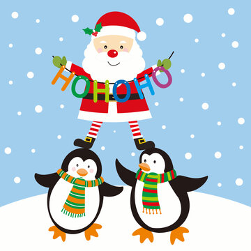 christmas card with santa and penguins