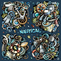Nautical cartoon vector doodle designs set.