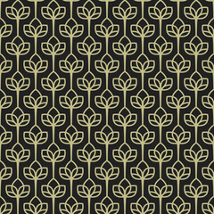 Seamless floral ornate pattern with golden leaves or flowers on black. Luxury wallpaper. Nature vector texture. Art deco style.