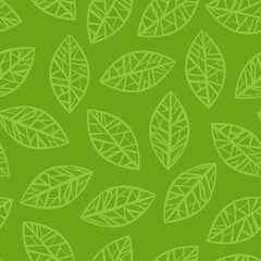 Seamless floral pattern with green geometric leaves on dark green background. Summer vector background. Nature, fresh, organic wallpaper.