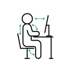 Correct health posture of sitting on computer, right ergonomic workstation. Worker sitting at desk with right pose body for healthy back. Health work position rule. Vector sign line illustration - obrazy, fototapety, plakaty