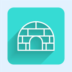 Obraz premium White line Igloo ice house icon isolated with long shadow background. Snow home, Eskimo dome-shaped hut winter shelter, made of blocks. Green square button. Vector