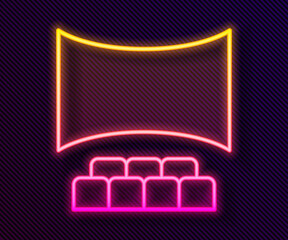 Glowing neon line Cinema auditorium with screen icon isolated on black background. Vector