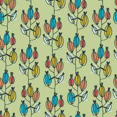Fototapeta na wymiar Seamless pattern with hand drawn burdock plants in Ditsy style. Colorful illustrations on mustard background for surface design and other design projects