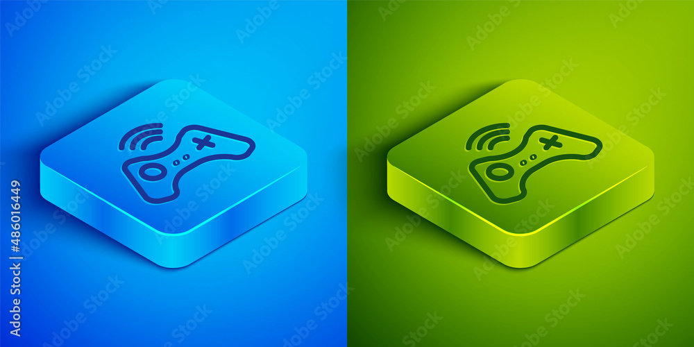 Poster isometric line wireless gamepad icon isolated on blue and green background. game controller. square 