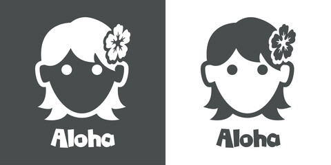 Vacaciones en Hawaii. Logotipo con texto Aloha con silueta de cara de chica con flor de hibisco en fondo gris y fondo blanco