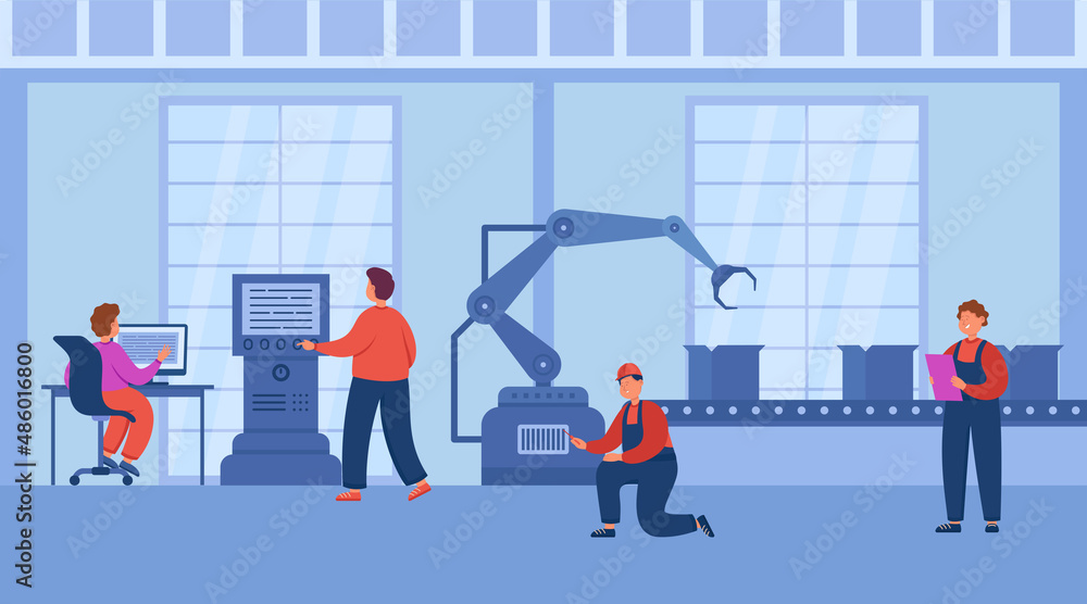 Poster production process using robots and computers at smart factory. digital revolution, workers using ma
