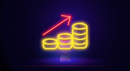 Neon sign of gold coins. Technology, startup and design of mobile payments. Night bright neon sign, colorful billboard, light banner. Vector illustration in neon style.