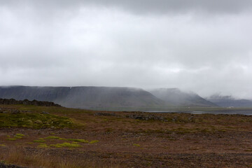 Landschaft im Nebel am Breidufjördur bei Reykholar