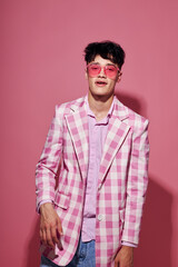 handsome guy plaid blazer pink glasses fashion modern style Lifestyle unaltered