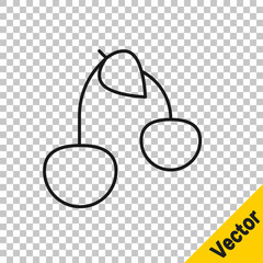 Black line Cherry icon isolated on transparent background. Fruit with leaf symbol. Vector