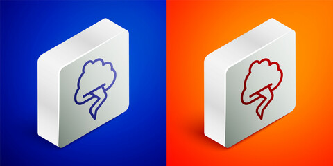 Isometric line Storm icon isolated on blue and orange background. Cloud and lightning sign. Weather icon of storm. Silver square button. Vector