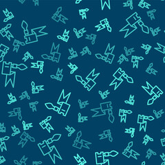 Green line Medieval spear icon isolated seamless pattern on blue background. Medieval weapon. Vector