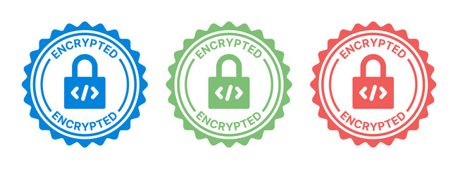 Encrypted seal stamp icon. Secure system symbol on badge vector illustration.