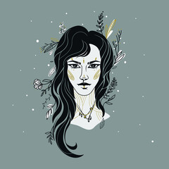 Woman with a pattern on her face, a forest nymph, a magical forest, vector illustration