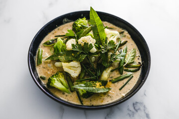 vegan green curry with broccoli cauliflower and green beans, healthy plant-based food