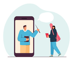 Teacher on screen of mobile phone teaching tiny girl online. Music video lesson for female musician flat vector illustration. Distant education concept for banner, website design or landing web page