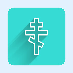 Obraz premium White line Christian cross icon isolated with long shadow background. Church cross. Green square button. Vector