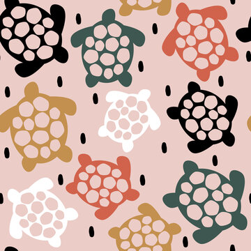cute hand drawn abstract seamless vector pattern design illustration with colorful turtles silhouettes and black confetti on pink background

