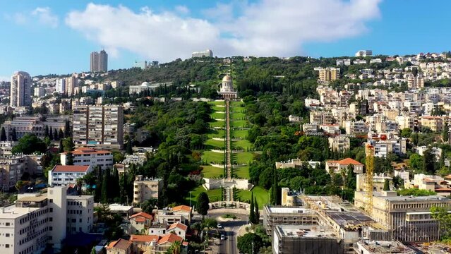 HifaAerial drone view of downtown of Haifa, Bahai Garden and Bahai Temple in Haifa, Israel. 4k aerial drone view, Israel