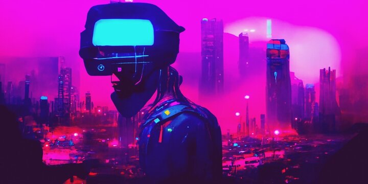A cyborg with a glowing face-screen looks directly into the background of a gloomy cyberpunk landscape in purple colors. Futuristic 3D illustration